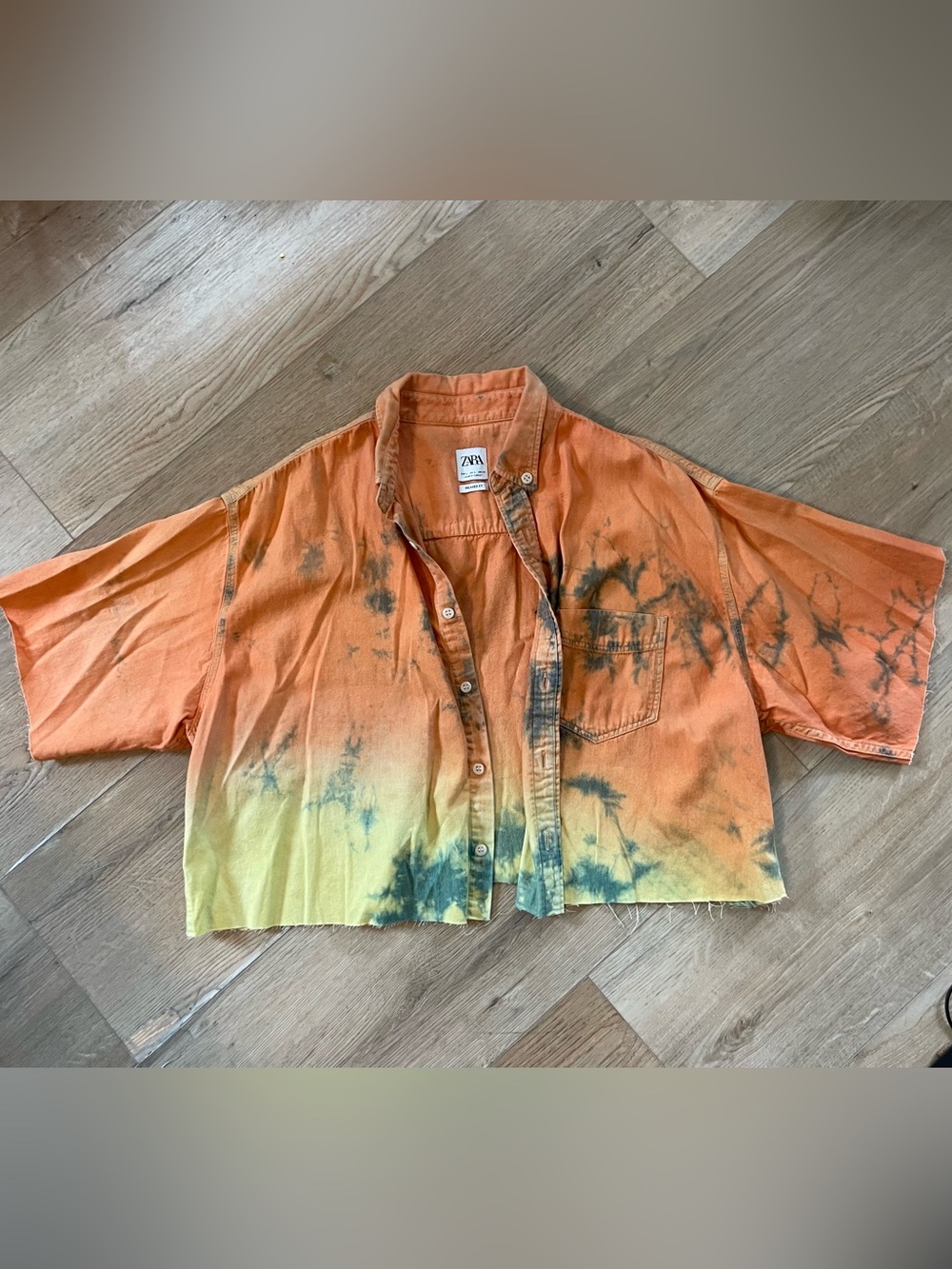 Zara Orange Tie-Dye Relaxed-Fit cropped short sleeve Button-Up Shirt L